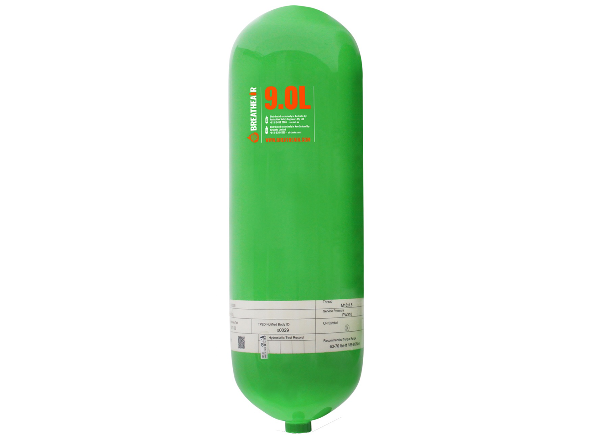 BreatheAir 9L Composite SCBA 300 Bar Cylinder Green Right Angled Valve breatheair-9l-composite-scba-300-bar-cylinder-green-right-angled-valve